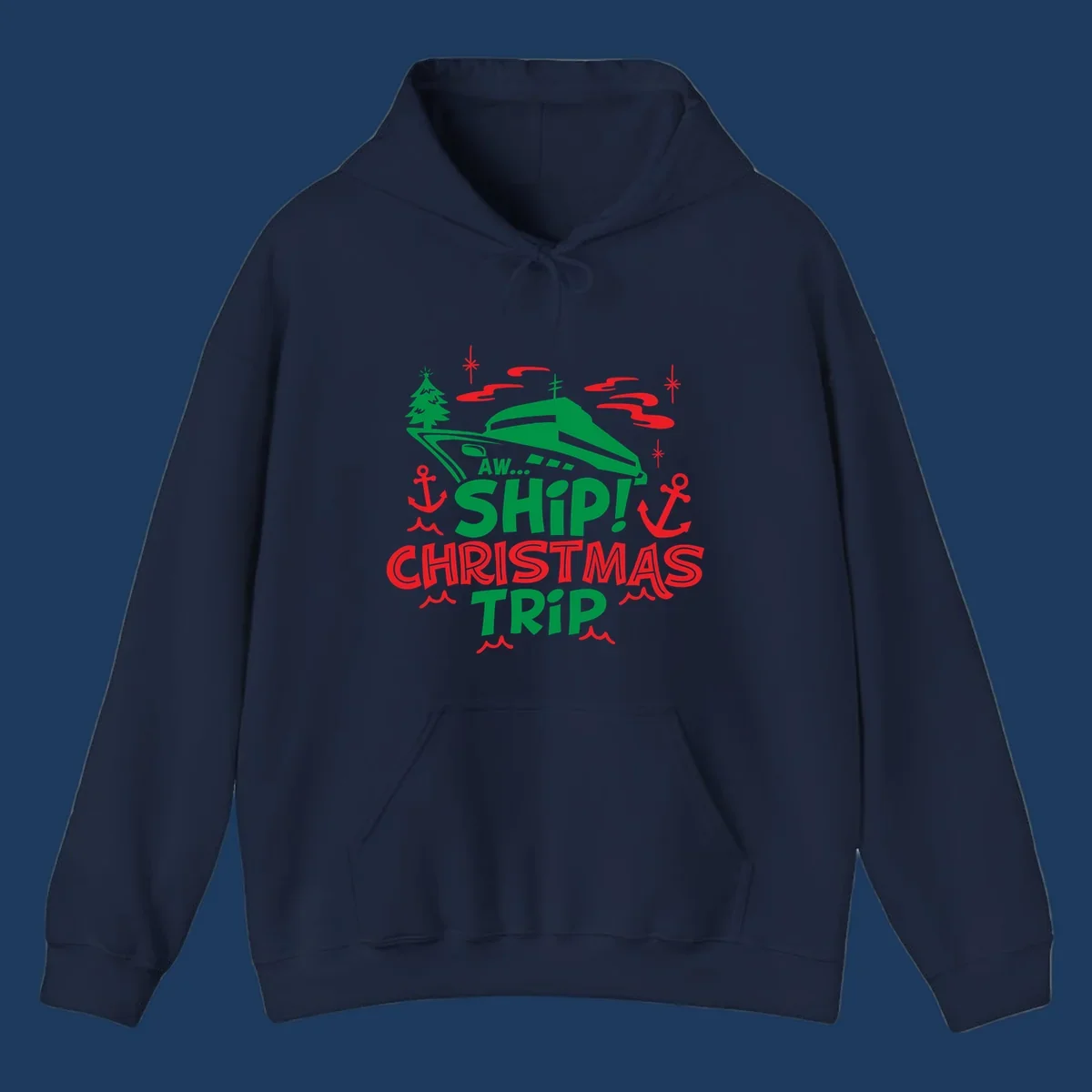 Green cruise ship with Christmas tree surrounded by red anchors and snowflakes, text reads 'AW... SHIP! CHRISTMAS TRIP' for aww-ship-christmas-cruise design