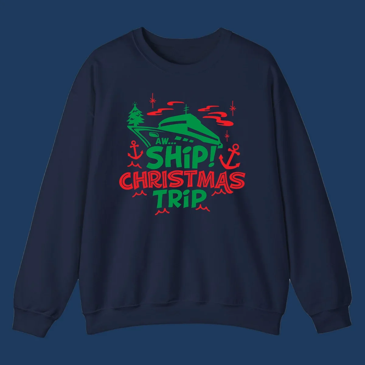 Green cruise ship with Christmas tree surrounded by red anchors and snowflakes, text reads 'AW... SHIP! CHRISTMAS TRIP' for aww-ship-christmas-cruise design