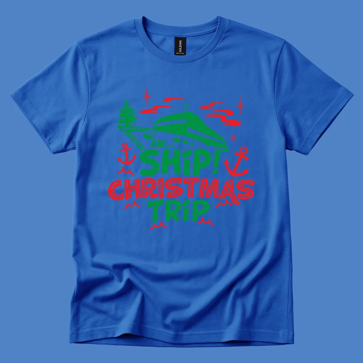 Green cruise ship with Christmas tree surrounded by red anchors and snowflakes, text reads 'AW... SHIP! CHRISTMAS TRIP' for aww-ship-christmas-cruise design