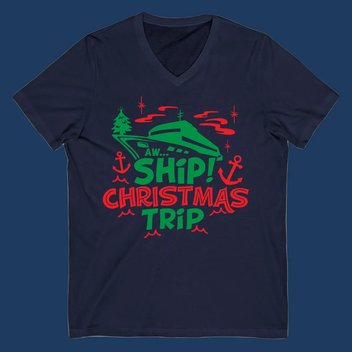 Green cruise ship with Christmas tree surrounded by red anchors and snowflakes, text reads 'AW... SHIP! CHRISTMAS TRIP' for aww-ship-christmas-cruise design