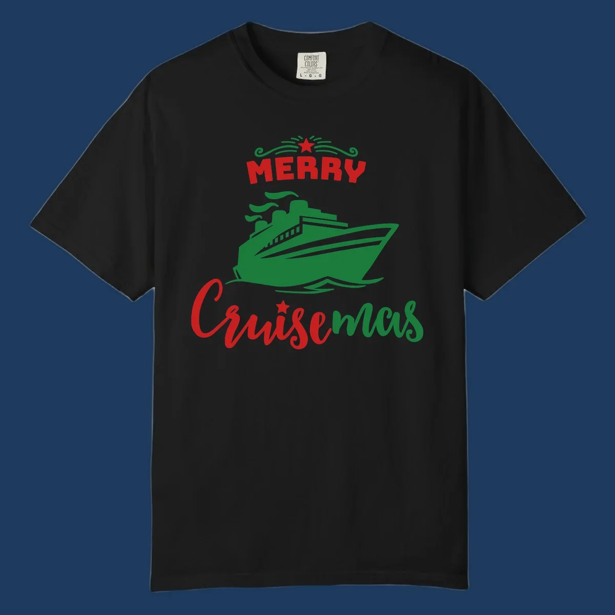 Green cruise ship with red 'MERRY' text and star above, green 'Cruise-mas' script text below on gray background