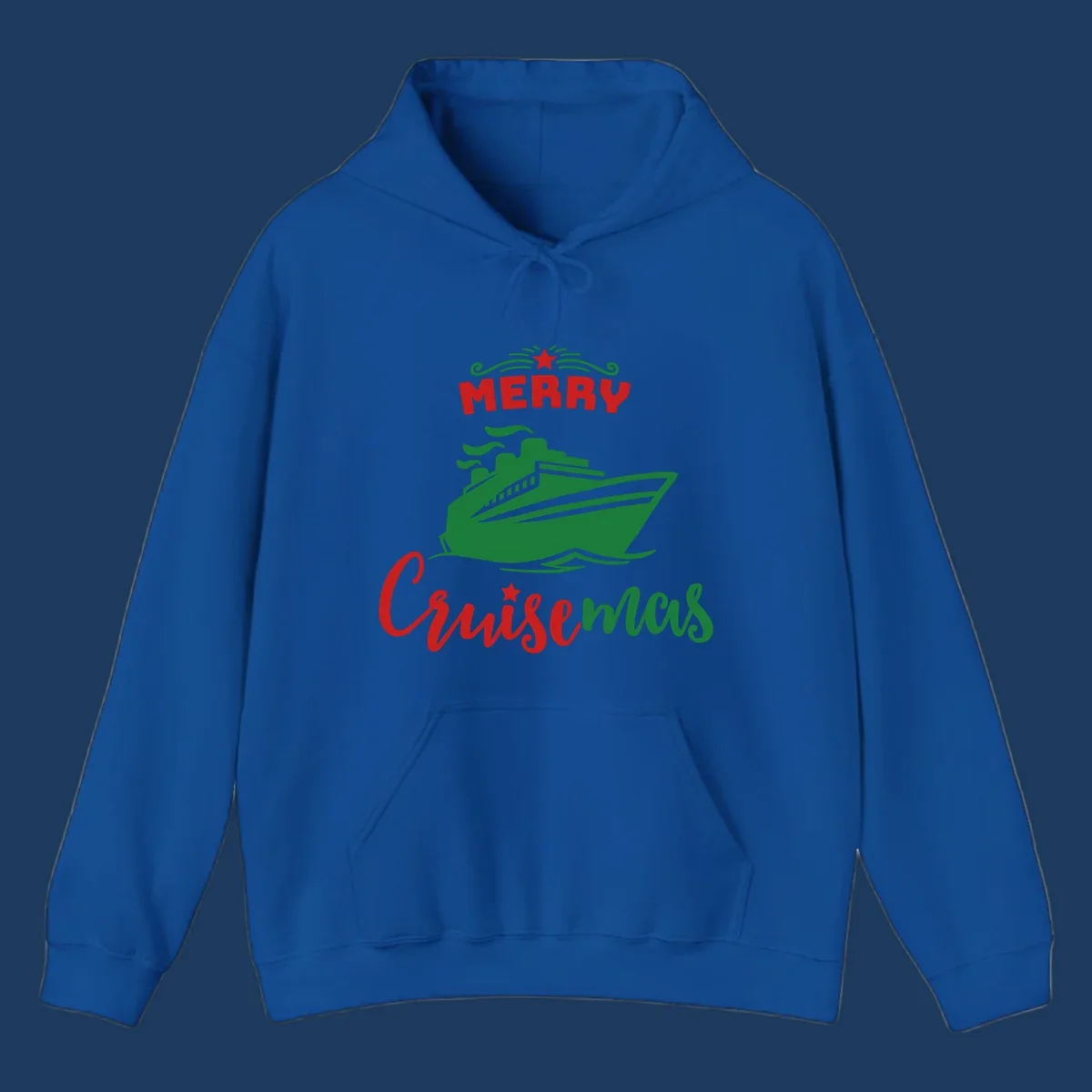 Green cruise ship with red 'MERRY' text and star above, green 'Cruise-mas' script text below on gray background