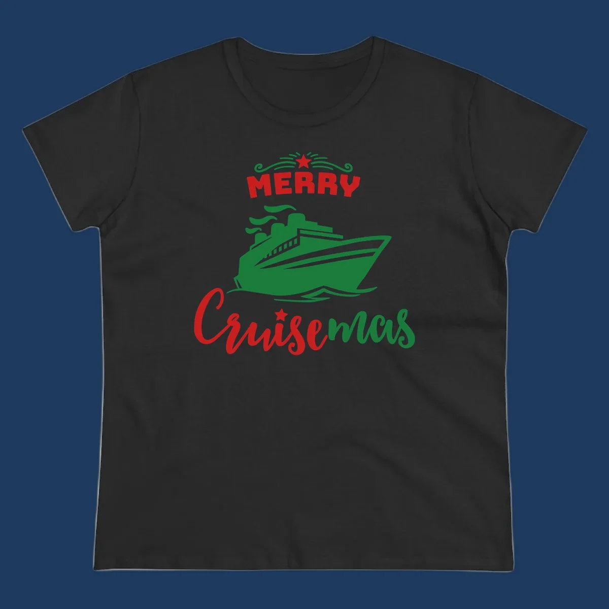 Green cruise ship with red 'MERRY' text and star above, green 'Cruise-mas' script text below on gray background