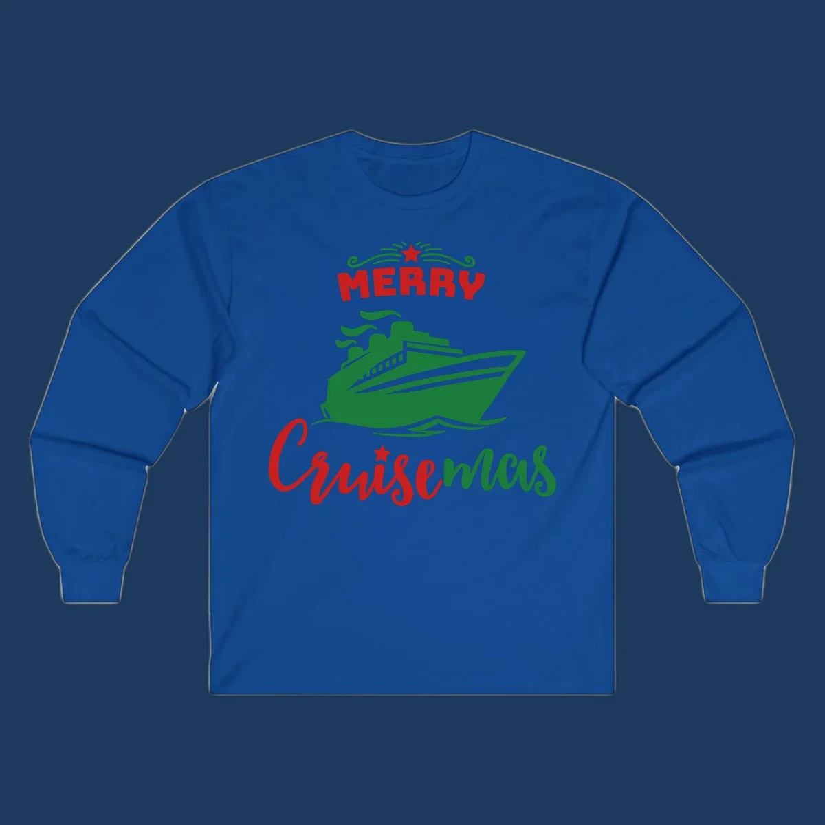 Green cruise ship with red 'MERRY' text and star above, green 'Cruise-mas' script text below on gray background