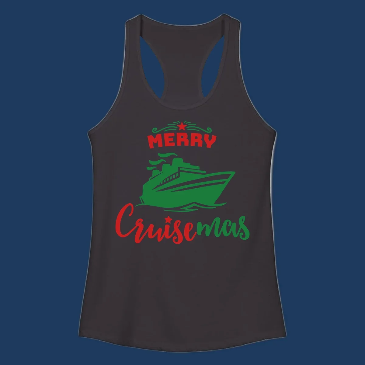 Green cruise ship with red 'MERRY' text and star above, green 'Cruise-mas' script text below on gray background