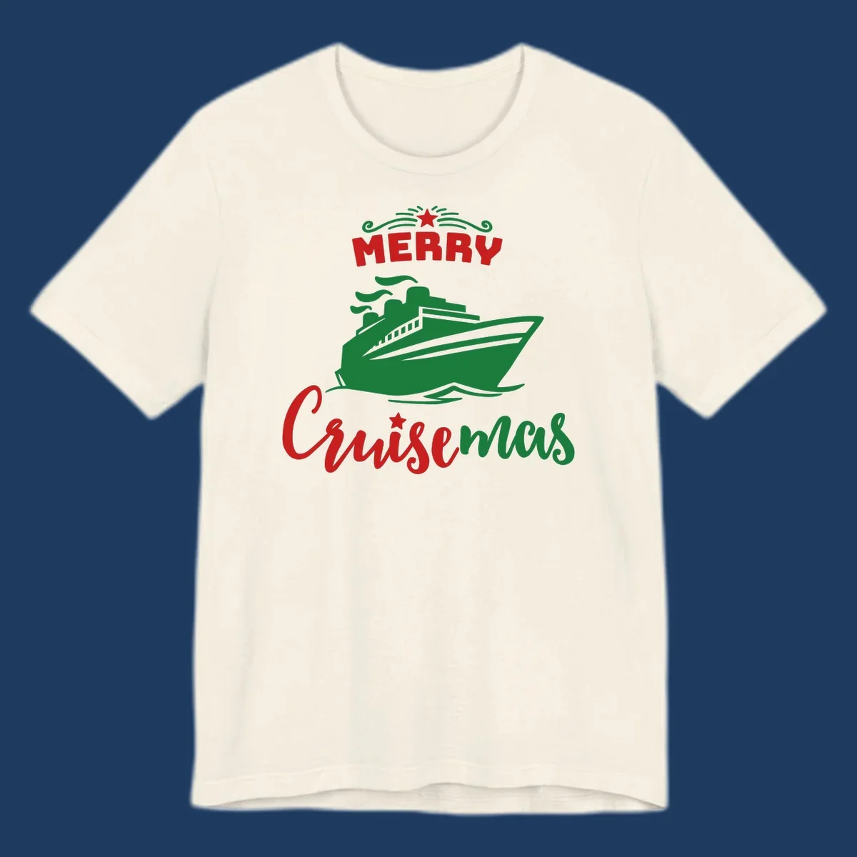 Green cruise ship with red 'MERRY' text and star above, green 'Cruise-mas' script text below on gray background