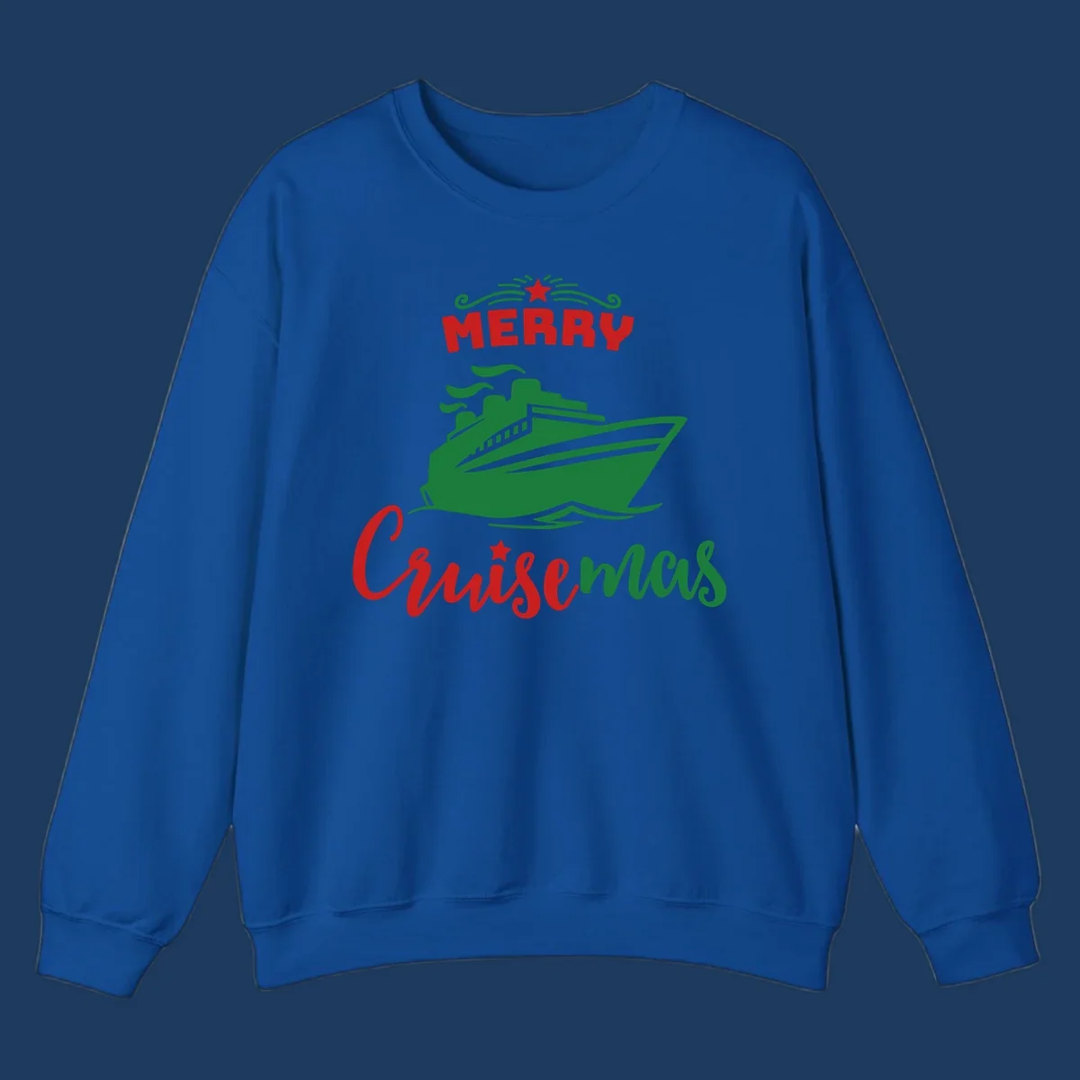 Green cruise ship with red 'MERRY' text and star above, green 'Cruise-mas' script text below on gray background