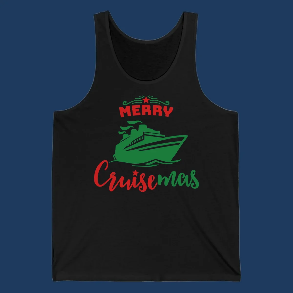 Green cruise ship with red 'MERRY' text and star above, green 'Cruise-mas' script text below on gray background