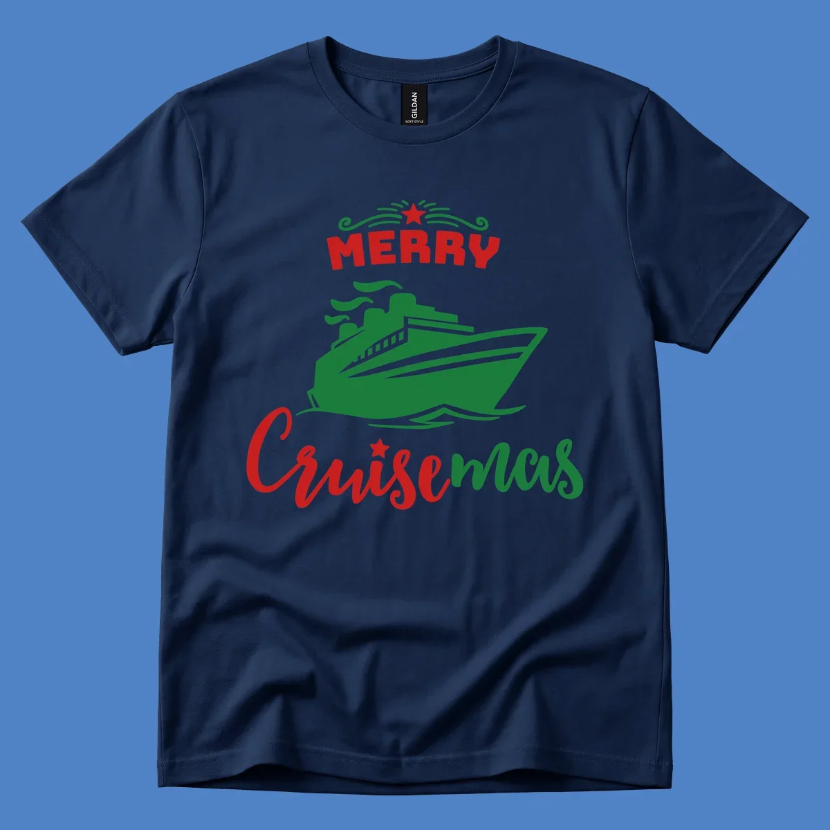 Green cruise ship with red 'MERRY' text and star above, green 'Cruise-mas' script text below on gray background