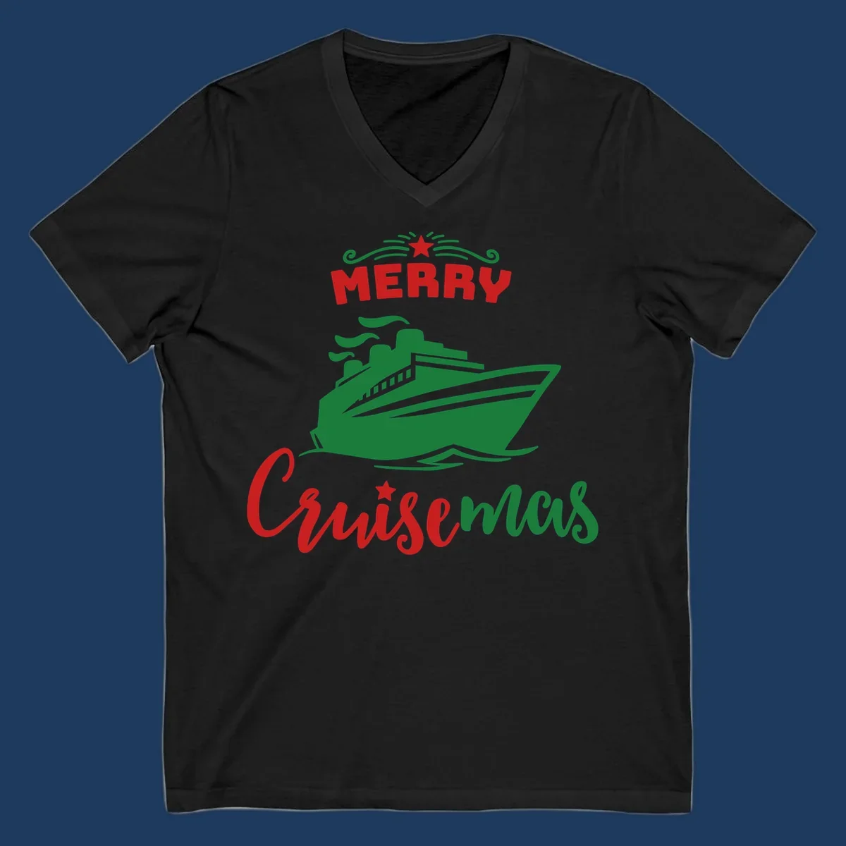 Green cruise ship with red 'MERRY' text and star above, green 'Cruise-mas' script text below on gray background