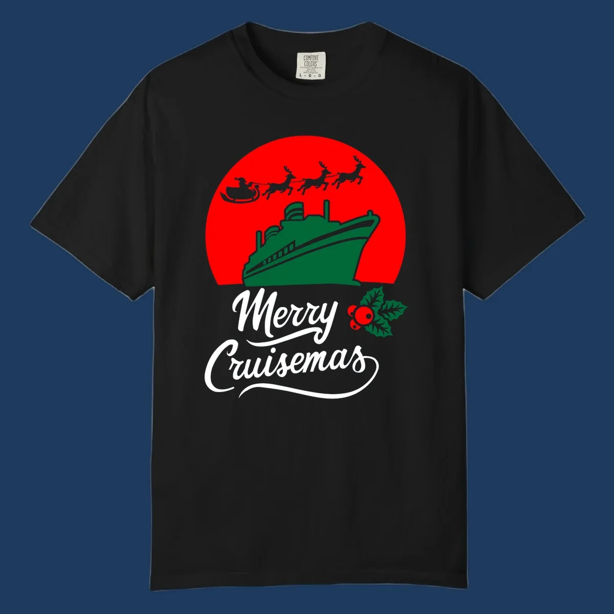 Green cruise ship with Santa's sleigh and reindeer above, red background, white text reading Merry Cruisemas with holly decoration