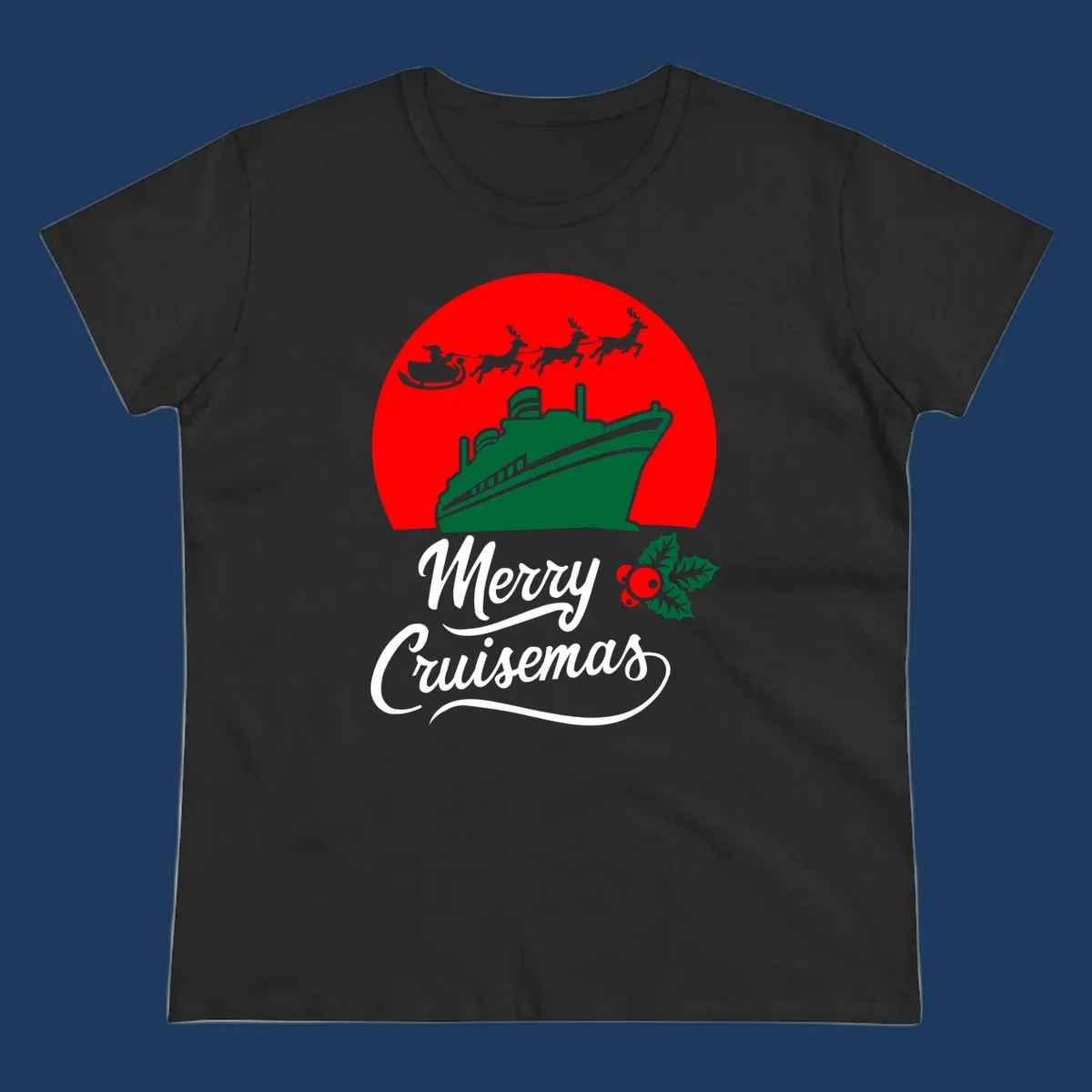Green cruise ship with Santa's sleigh and reindeer above, red background, white text reading Merry Cruisemas with holly decoration