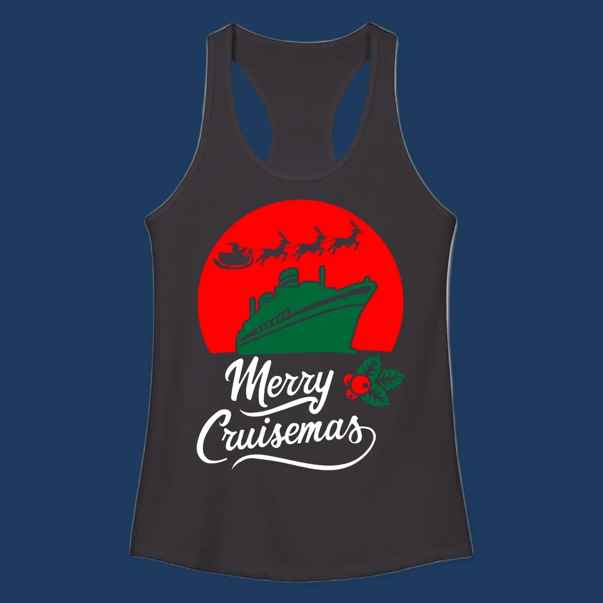 Green cruise ship with Santa's sleigh and reindeer above, red background, white text reading Merry Cruisemas with holly decoration