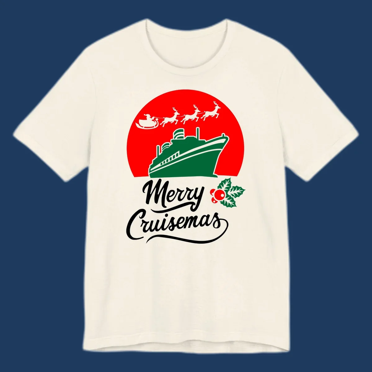 Green cruise ship with Santa's sleigh and reindeer above, red background, white text reading Merry Cruisemas with holly decoration