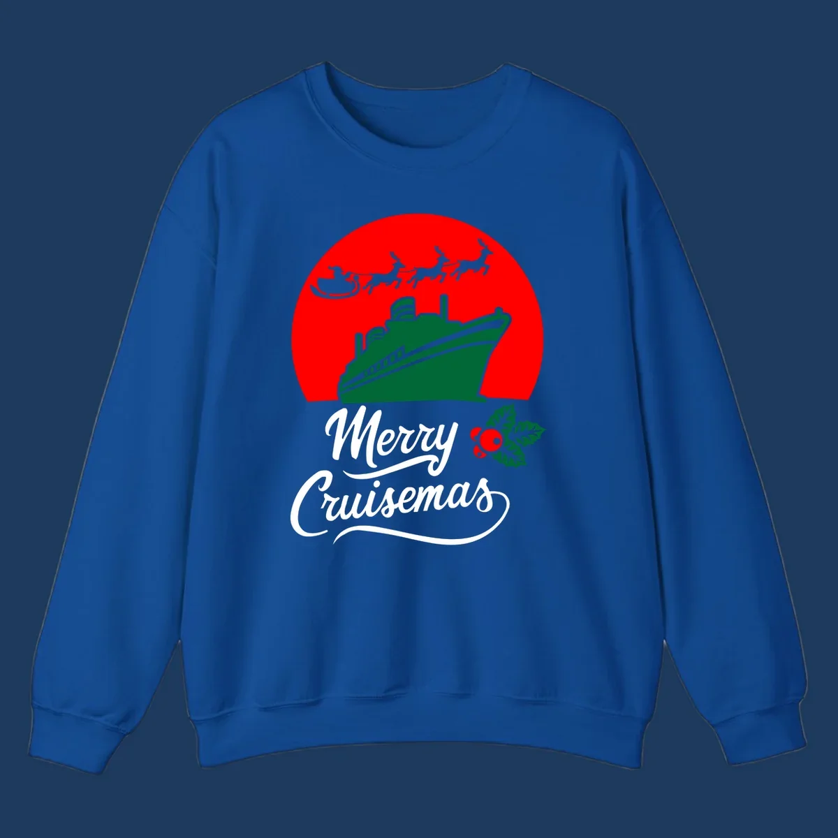 Green cruise ship with Santa's sleigh and reindeer above, red background, white text reading Merry Cruisemas with holly decoration