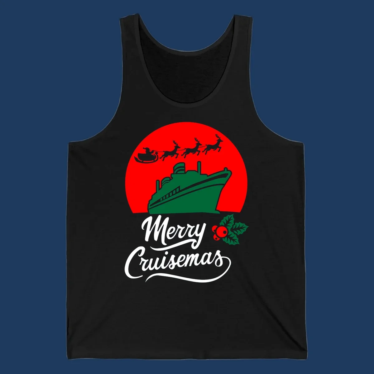 Green cruise ship with Santa's sleigh and reindeer above, red background, white text reading Merry Cruisemas with holly decoration