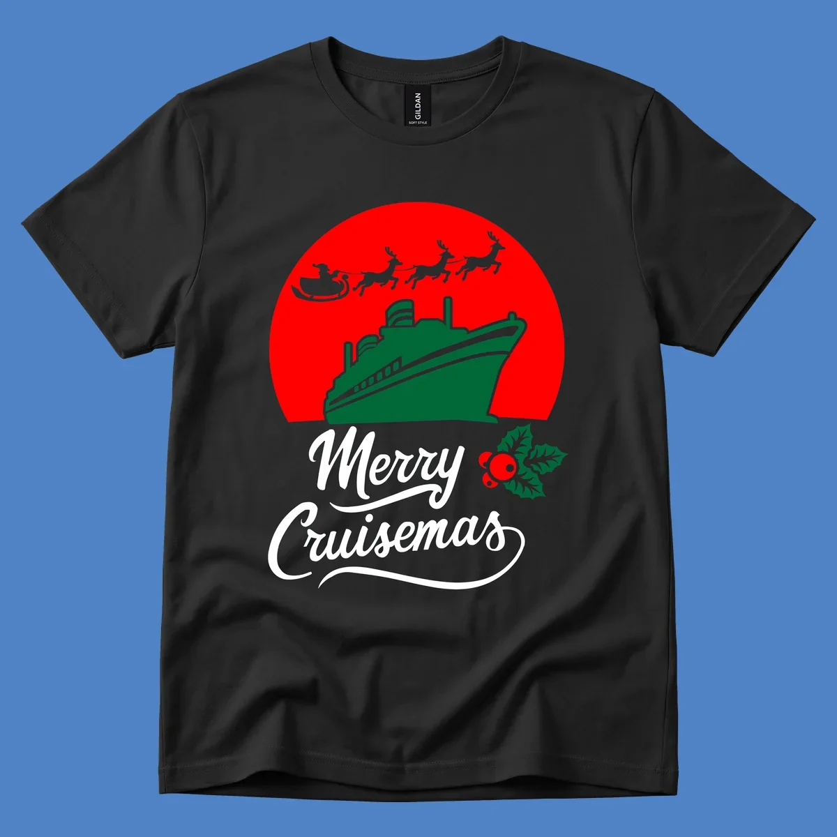 Green cruise ship with Santa's sleigh and reindeer above, red background, white text reading Merry Cruisemas with holly decoration