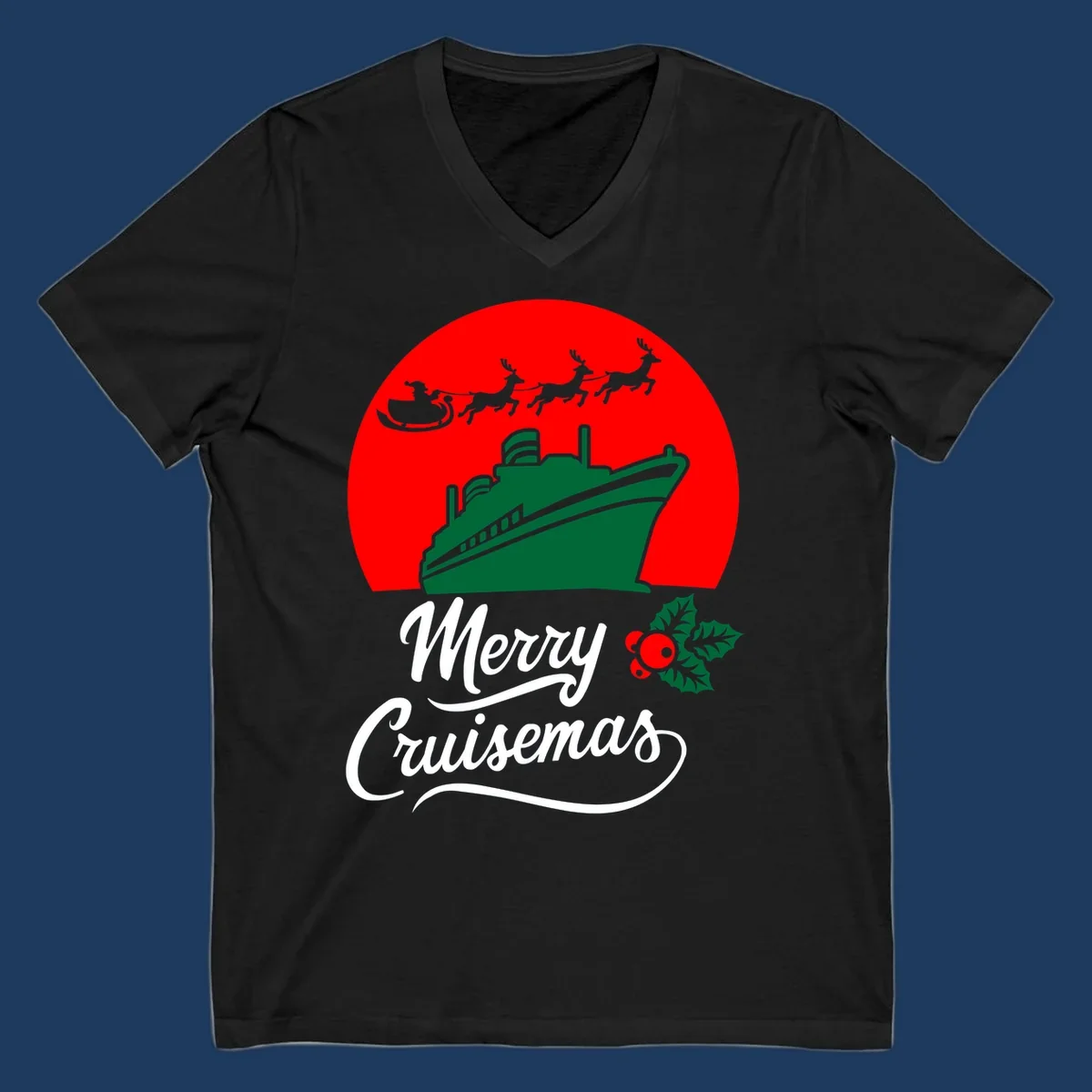 Green cruise ship with Santa's sleigh and reindeer above, red background, white text reading Merry Cruisemas with holly decoration