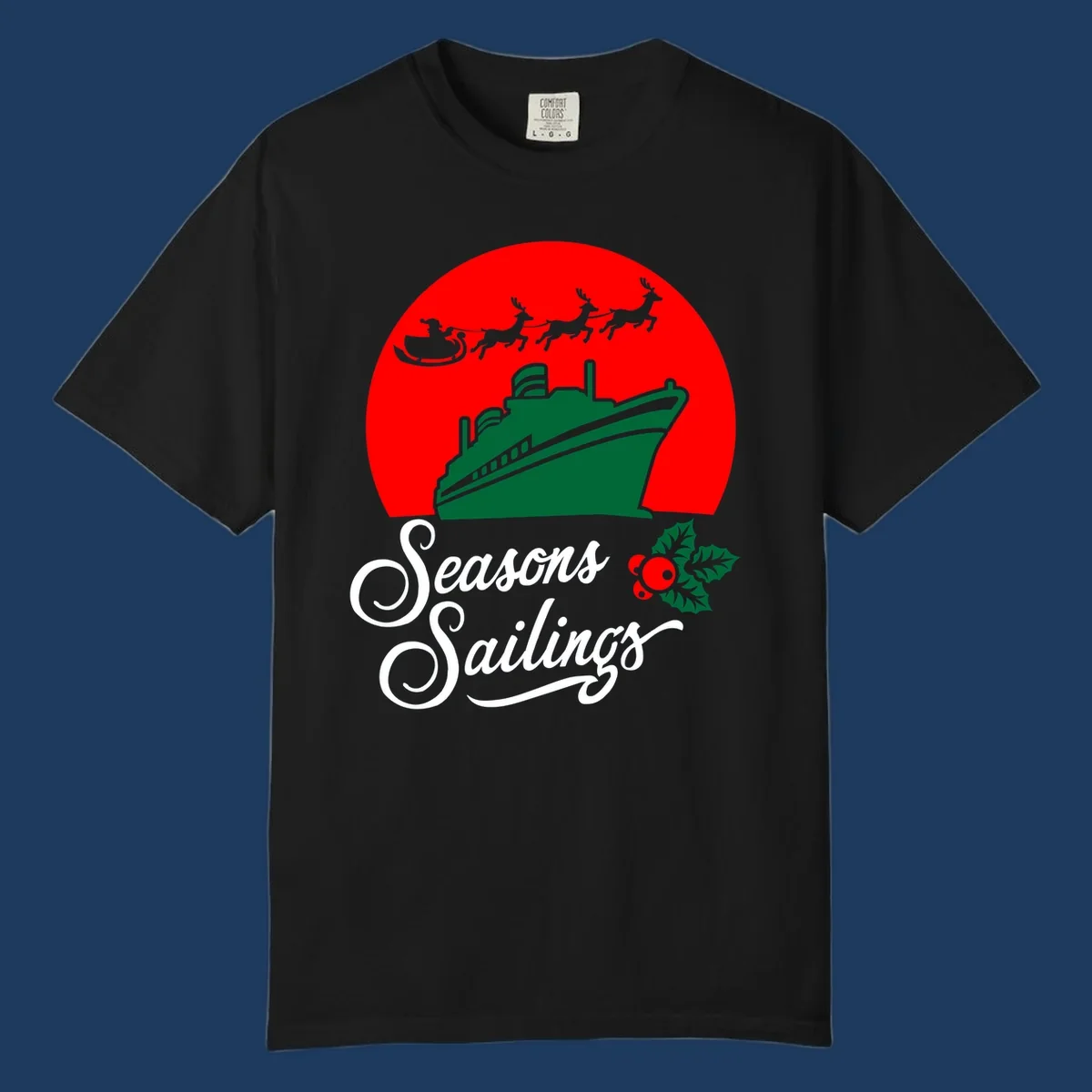 Holiday cruise sailings design with green cruise ship, Santa's sleigh and reindeer, holly berries on red background with white script text
