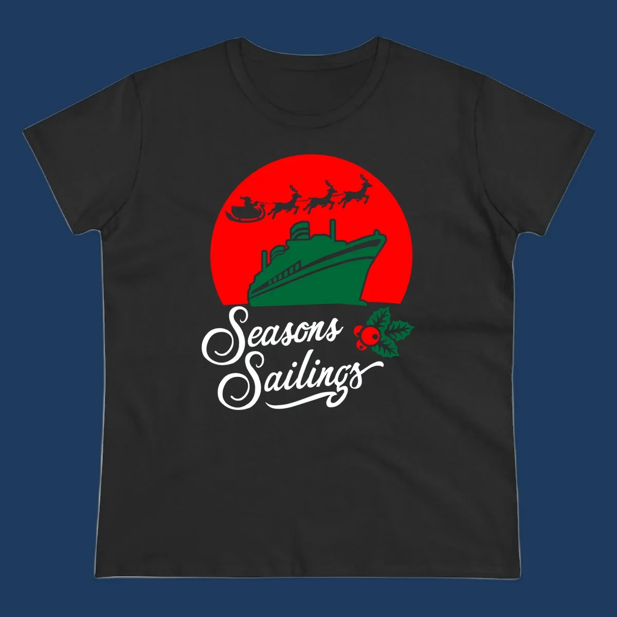 Holiday cruise sailings design with green cruise ship, Santa's sleigh and reindeer, holly berries on red background with white script text