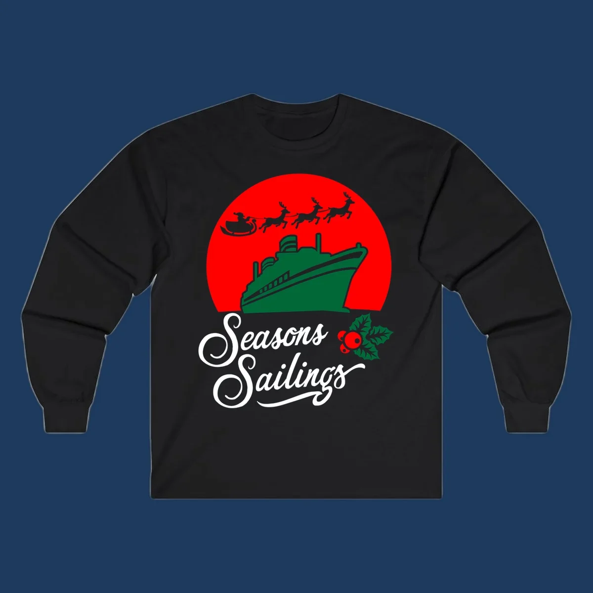 Holiday cruise sailings design with green cruise ship, Santa's sleigh and reindeer, holly berries on red background with white script text