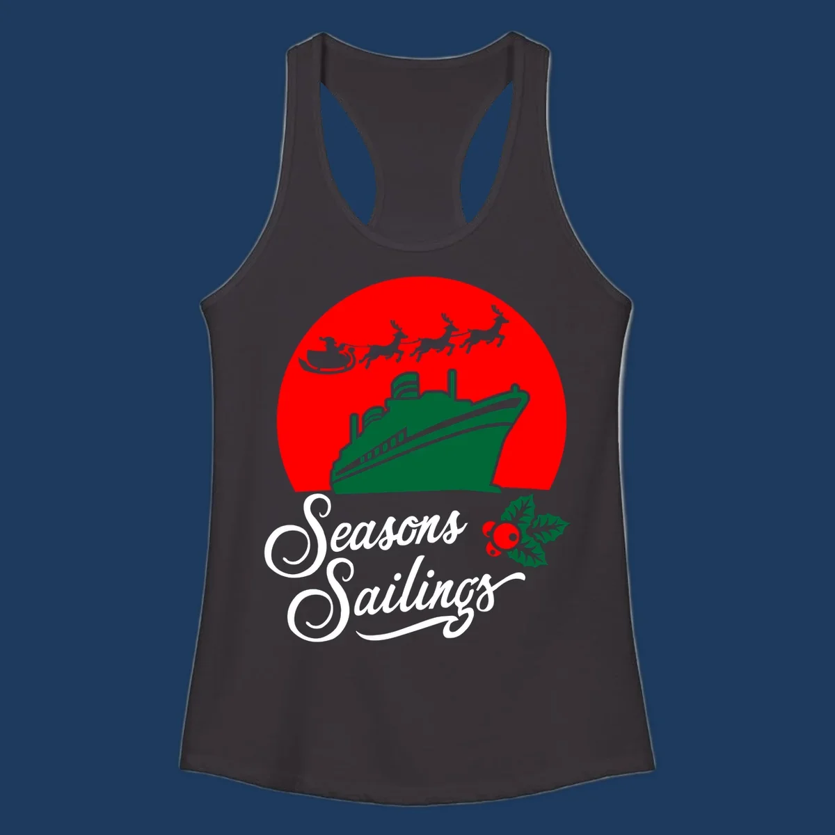Holiday cruise sailings design with green cruise ship, Santa's sleigh and reindeer, holly berries on red background with white script text