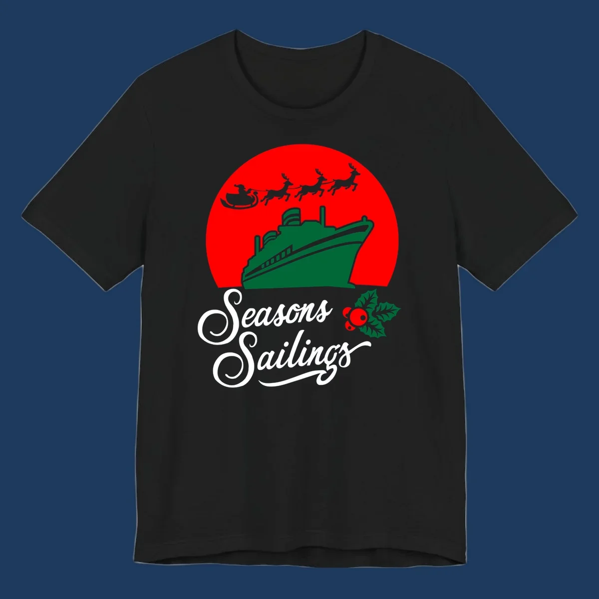 Holiday cruise sailings design with green cruise ship, Santa's sleigh and reindeer, holly berries on red background with white script text
