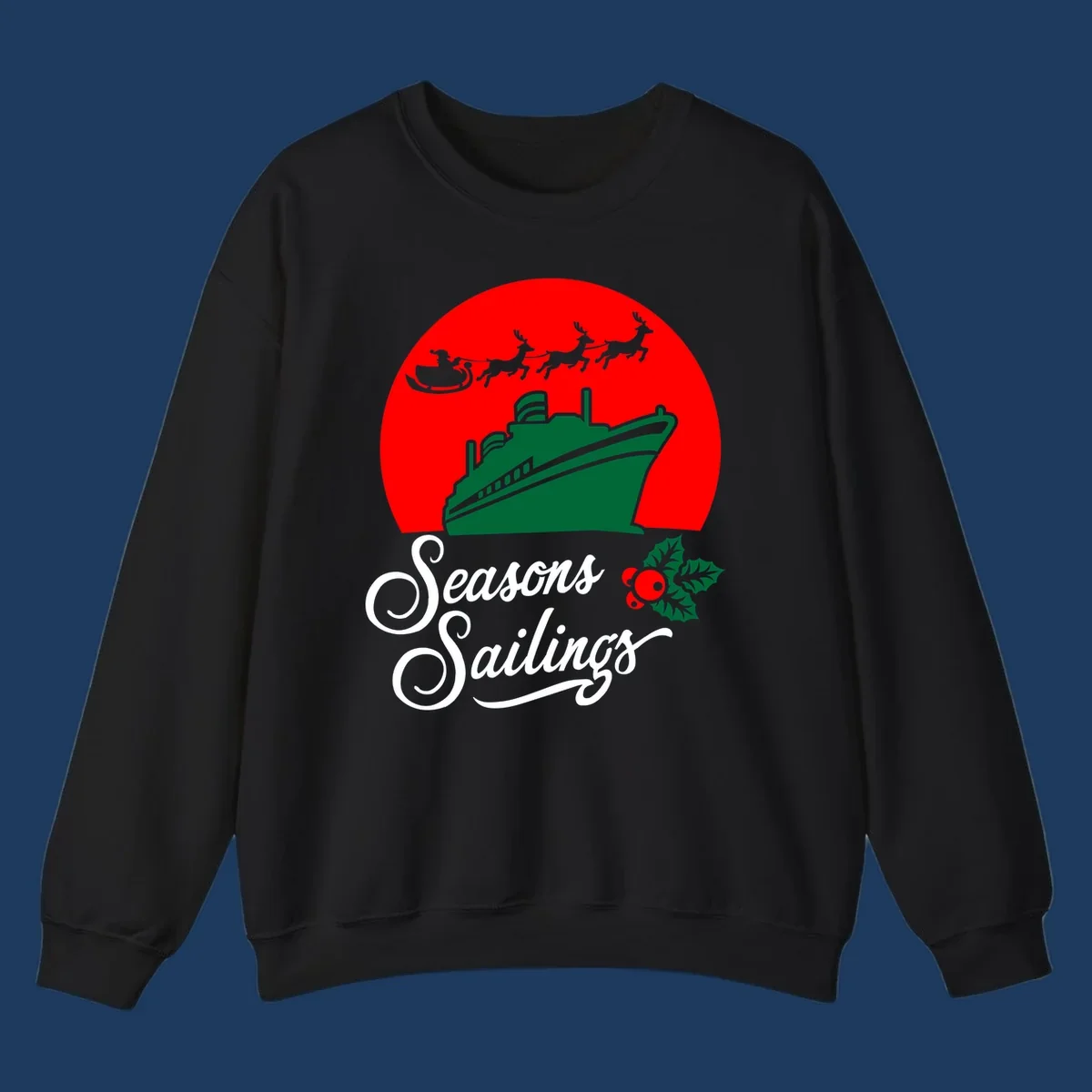 Holiday cruise sailings design with green cruise ship, Santa's sleigh and reindeer, holly berries on red background with white script text