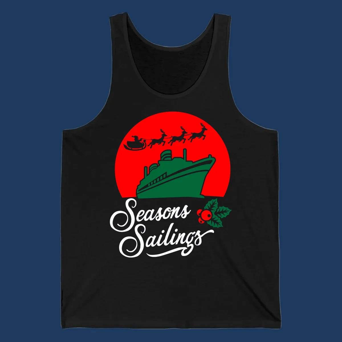 Holiday cruise sailings design with green cruise ship, Santa's sleigh and reindeer, holly berries on red background with white script text