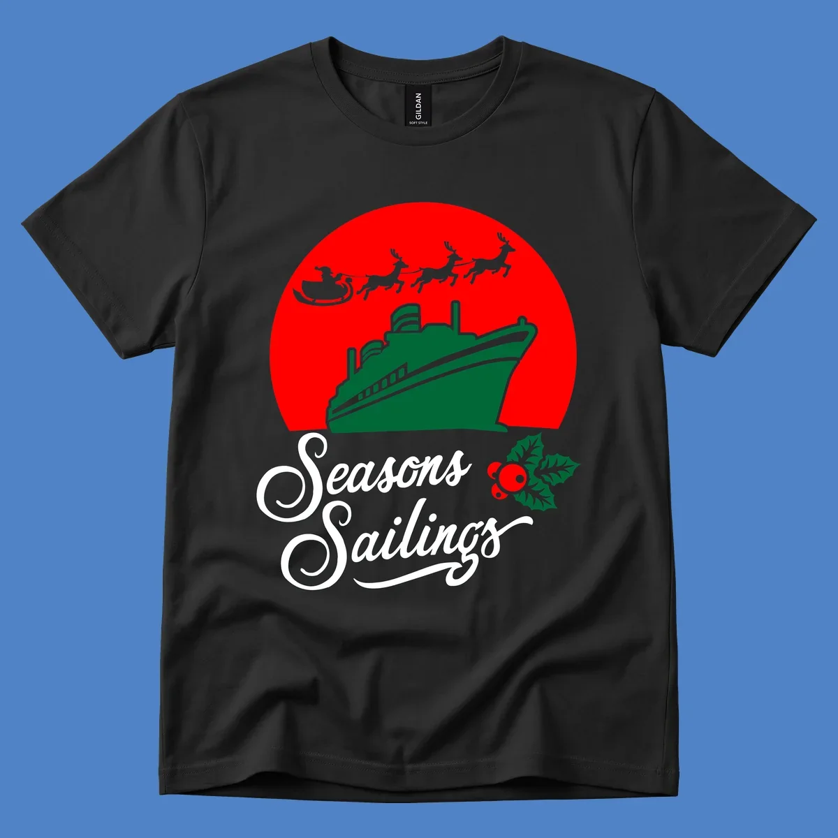 Holiday cruise sailings design with green cruise ship, Santa's sleigh and reindeer, holly berries on red background with white script text