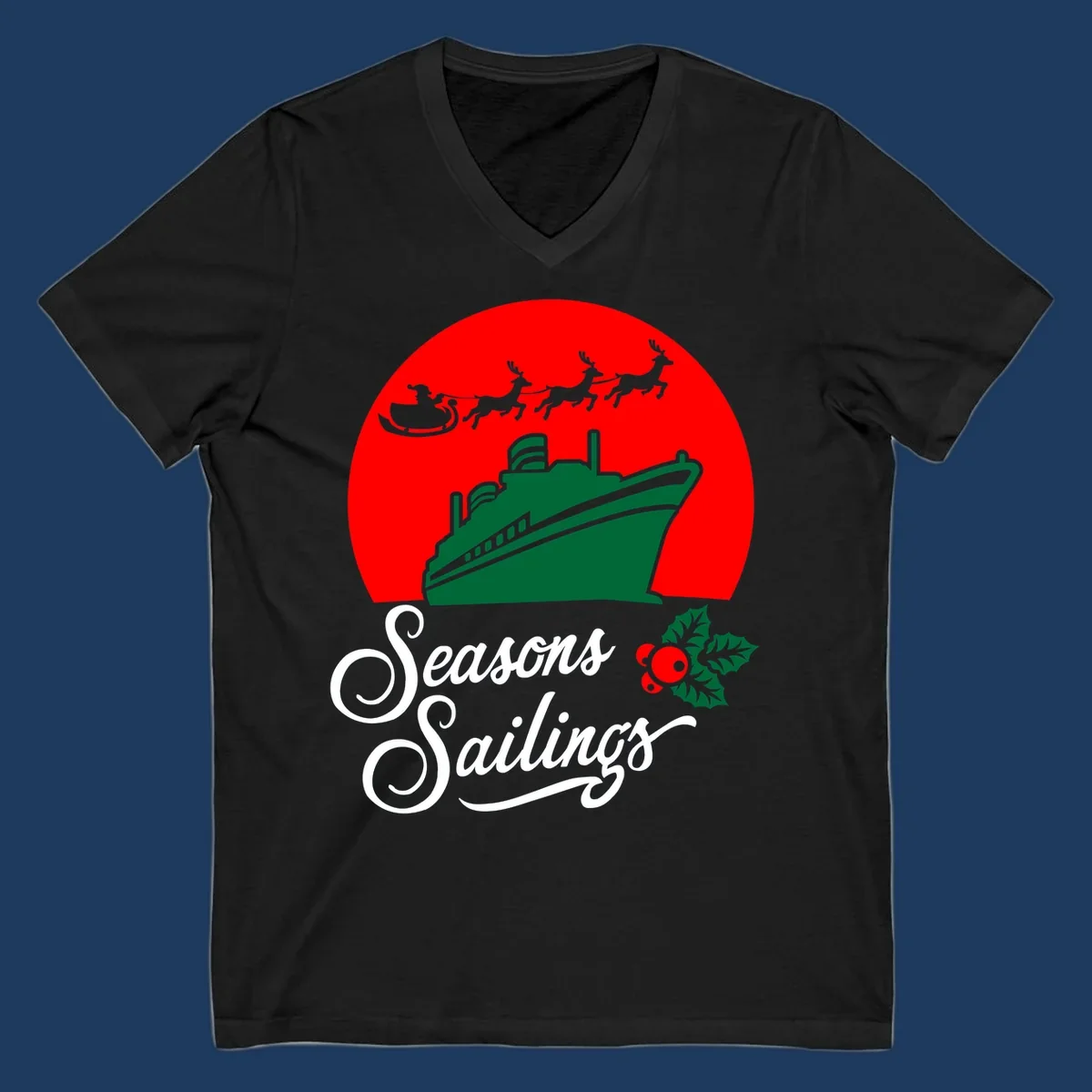 Holiday cruise sailings design with green cruise ship, Santa's sleigh and reindeer, holly berries on red background with white script text