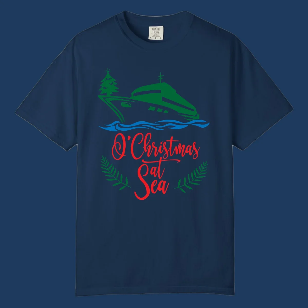 Green cruise ship with Christmas tree sailing through blue waves, red 'O Christmas At Sea' text with palm fronds