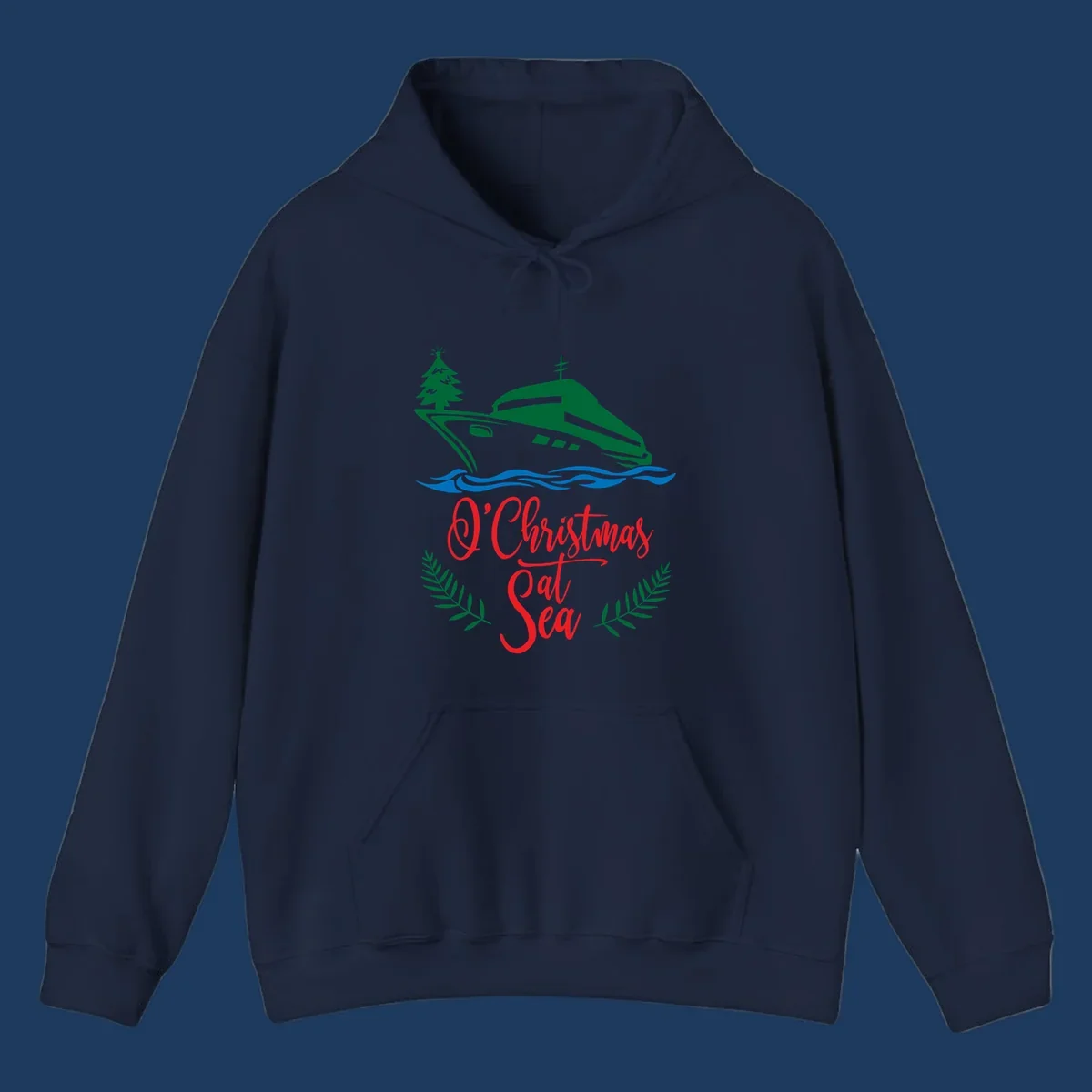 Green cruise ship with Christmas tree sailing through blue waves, red 'O Christmas At Sea' text with palm fronds