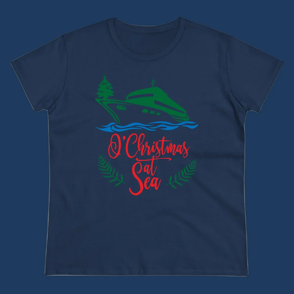 Green cruise ship with Christmas tree sailing through blue waves, red 'O Christmas At Sea' text with palm fronds