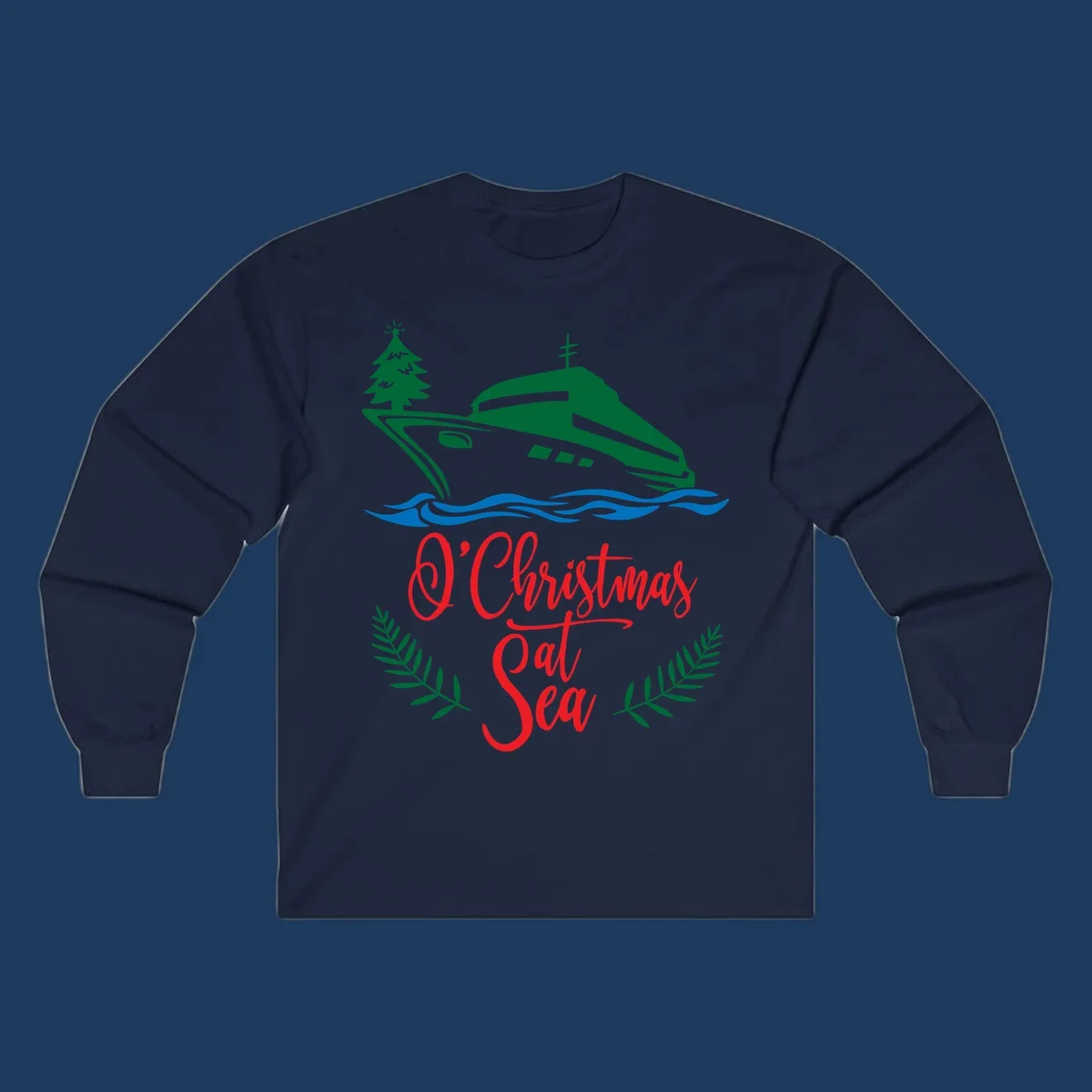 Green cruise ship with Christmas tree sailing through blue waves, red 'O Christmas At Sea' text with palm fronds