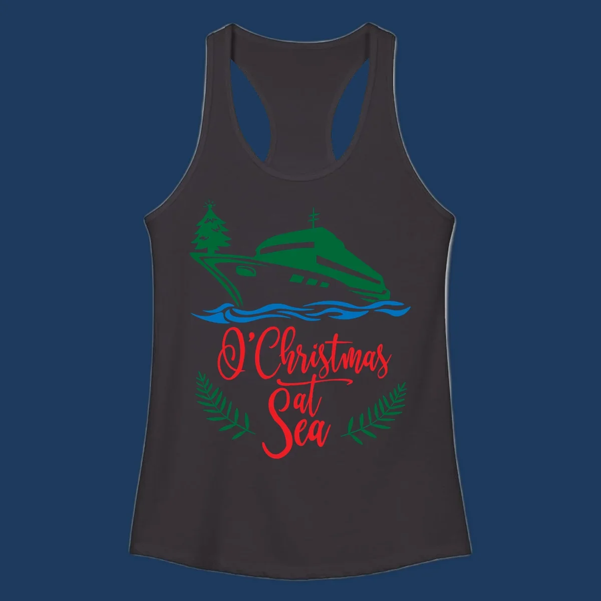 Green cruise ship with Christmas tree sailing through blue waves, red 'O Christmas At Sea' text with palm fronds