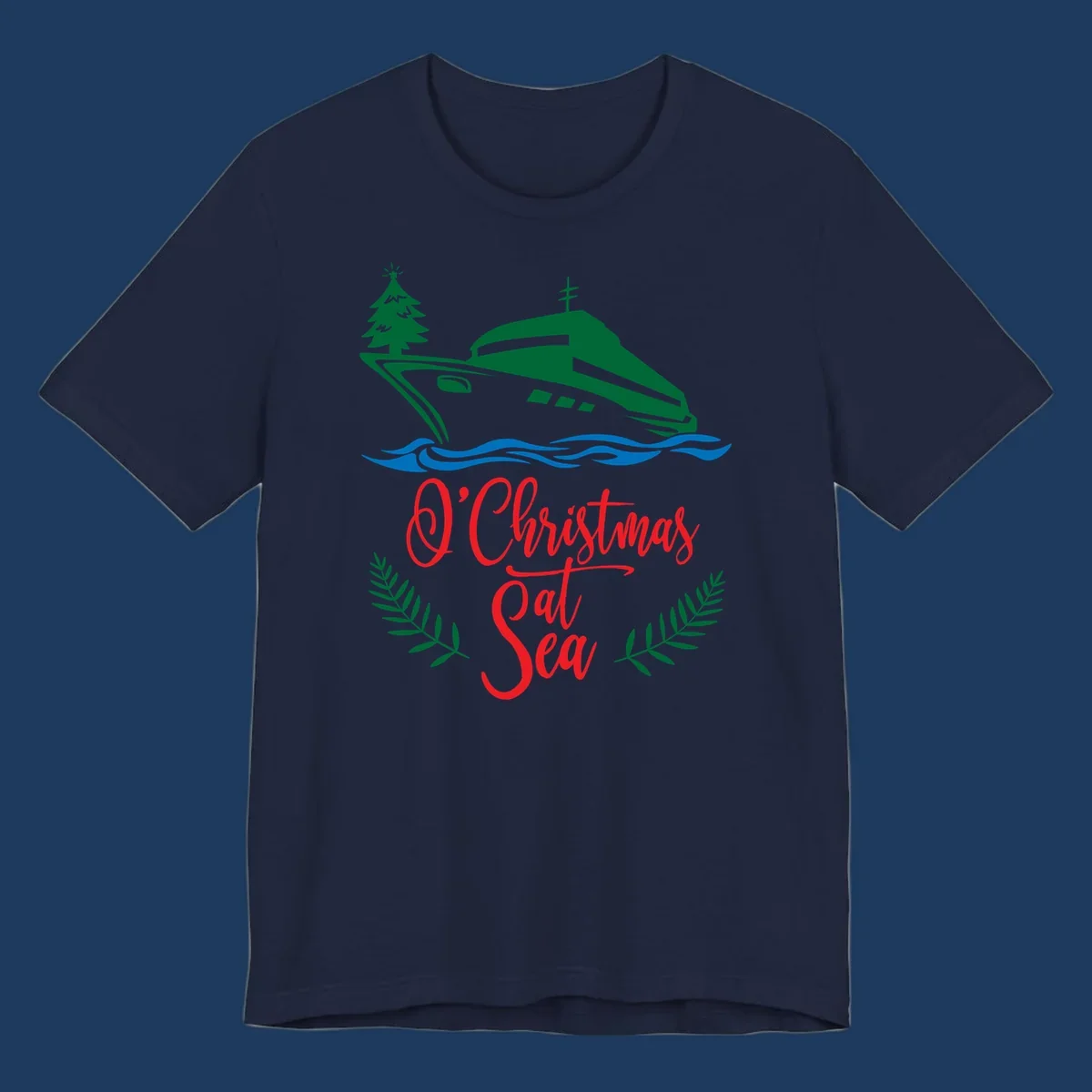 Green cruise ship with Christmas tree sailing through blue waves, red 'O Christmas At Sea' text with palm fronds