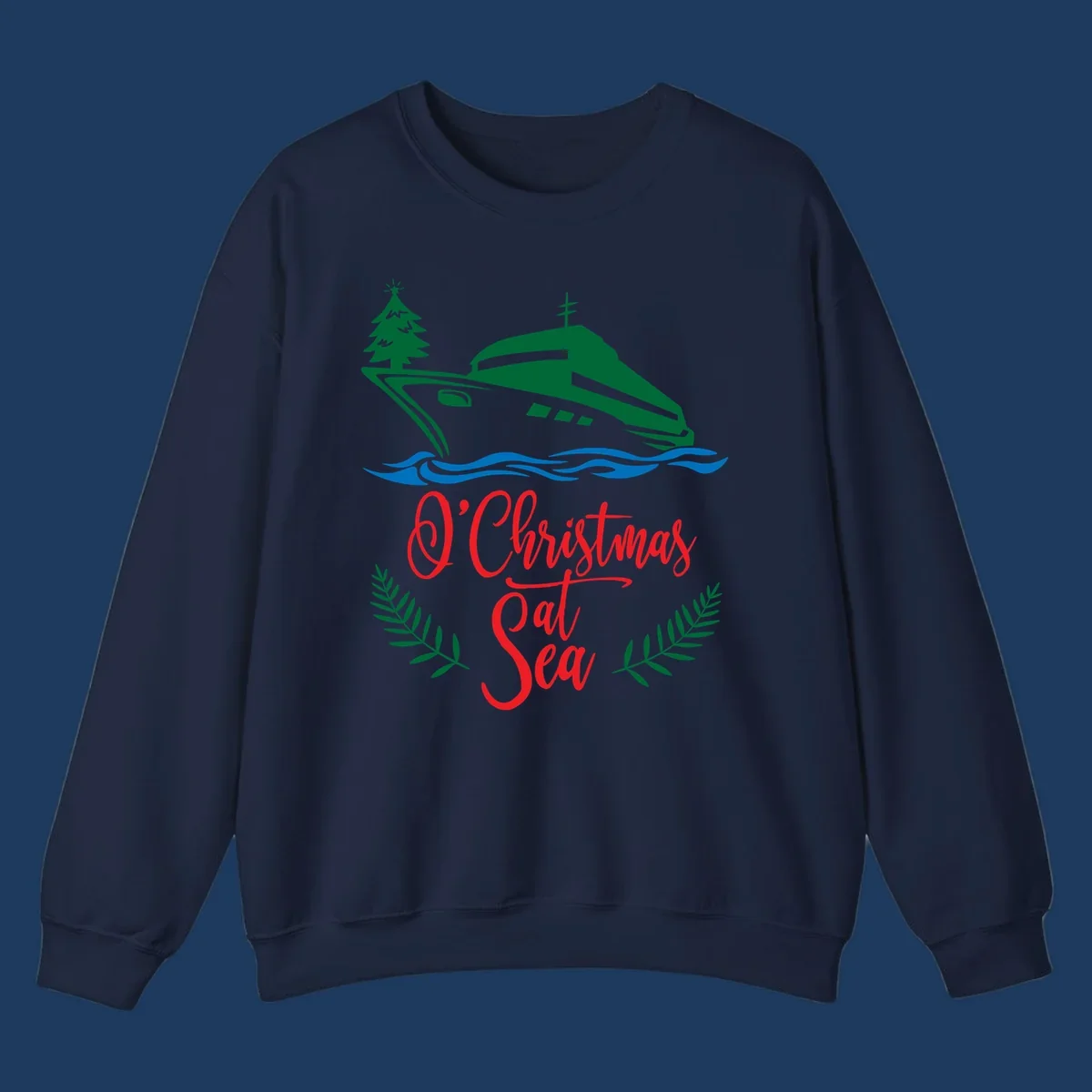 Green cruise ship with Christmas tree sailing through blue waves, red 'O Christmas At Sea' text with palm fronds