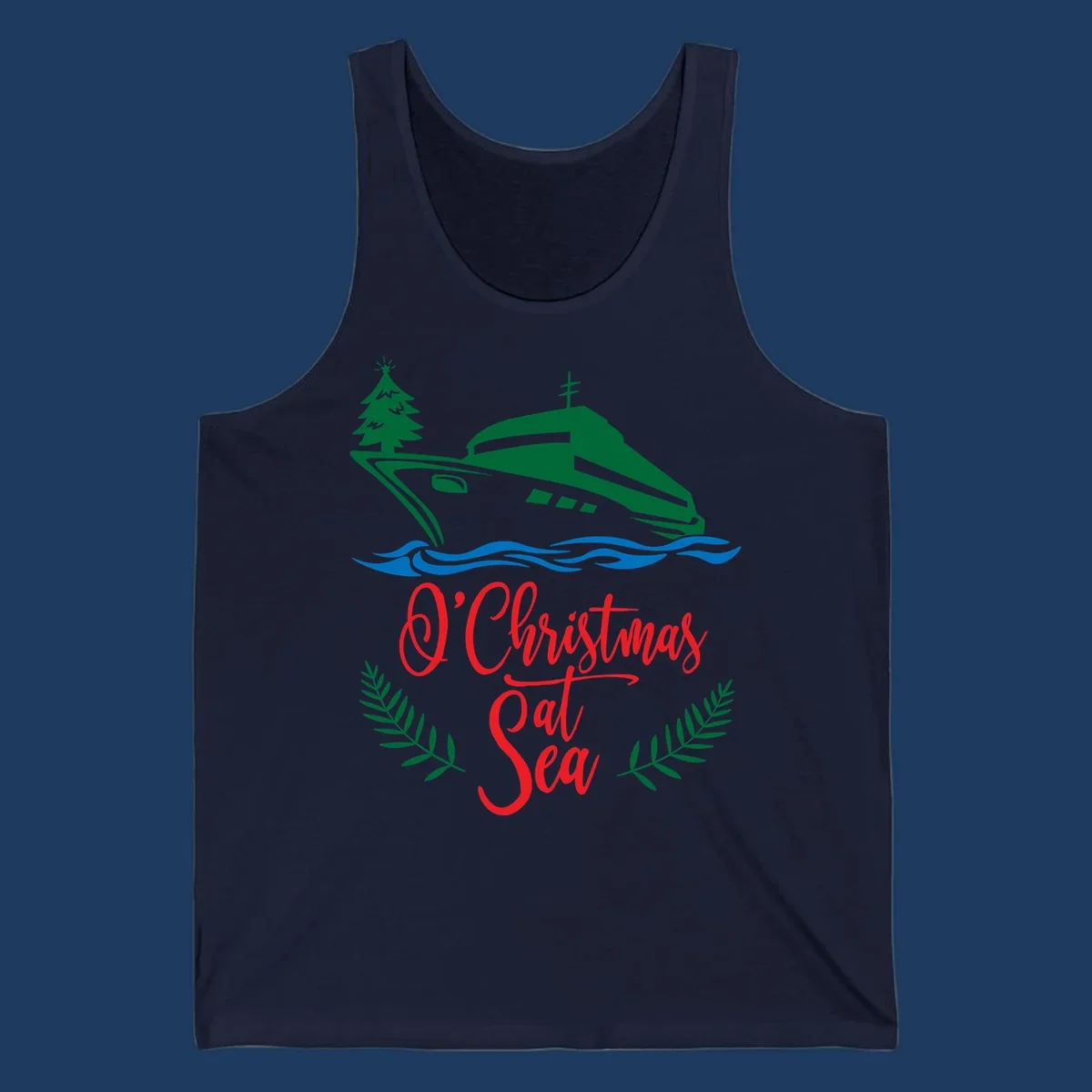 Green cruise ship with Christmas tree sailing through blue waves, red 'O Christmas At Sea' text with palm fronds