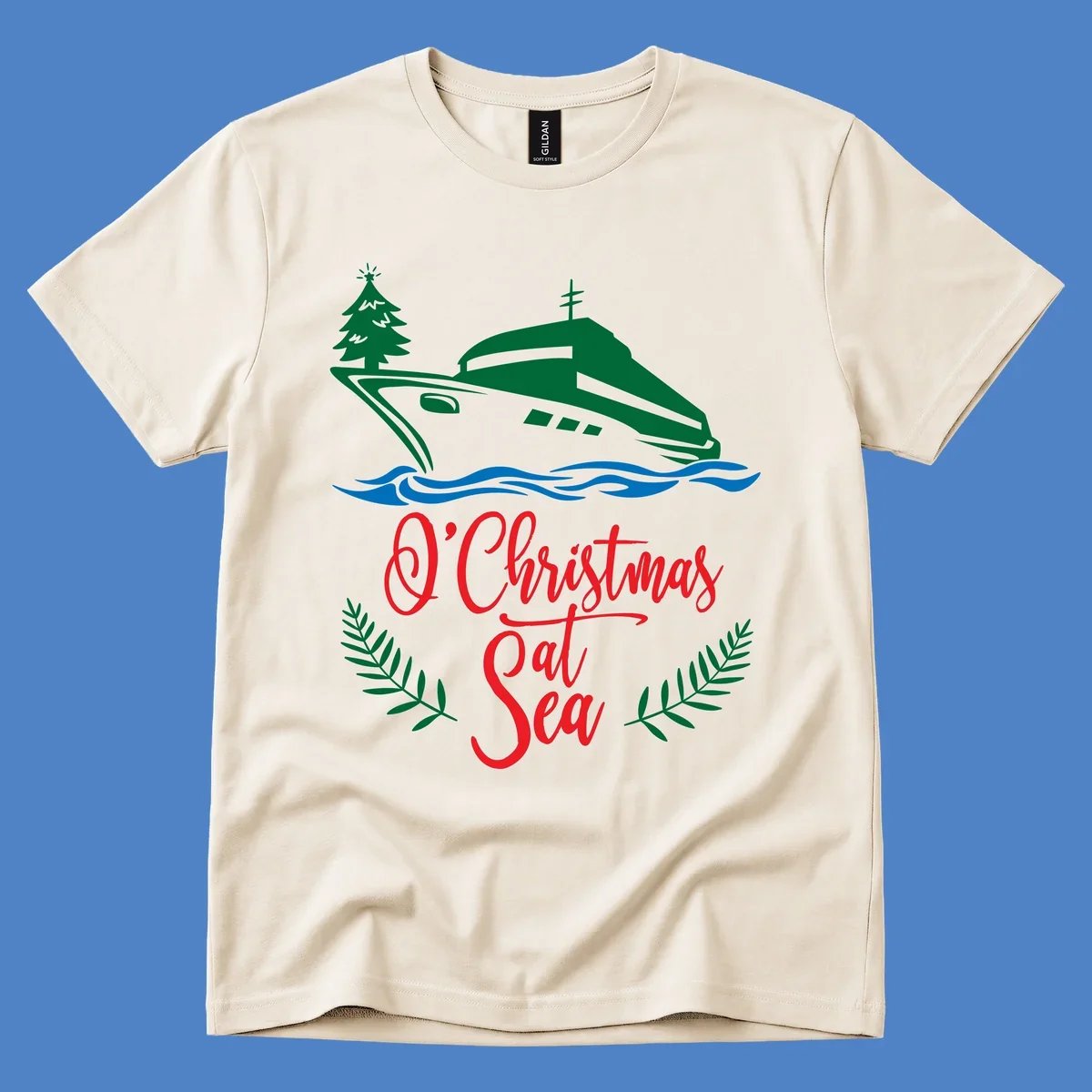 Green cruise ship with Christmas tree sailing through blue waves, red 'O Christmas At Sea' text with palm fronds