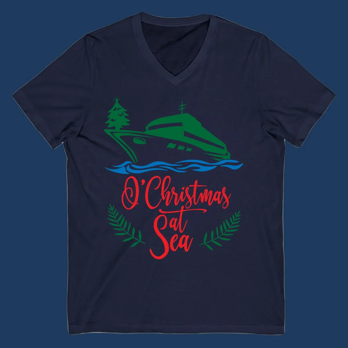 Green cruise ship with Christmas tree sailing through blue waves, red 'O Christmas At Sea' text with palm fronds