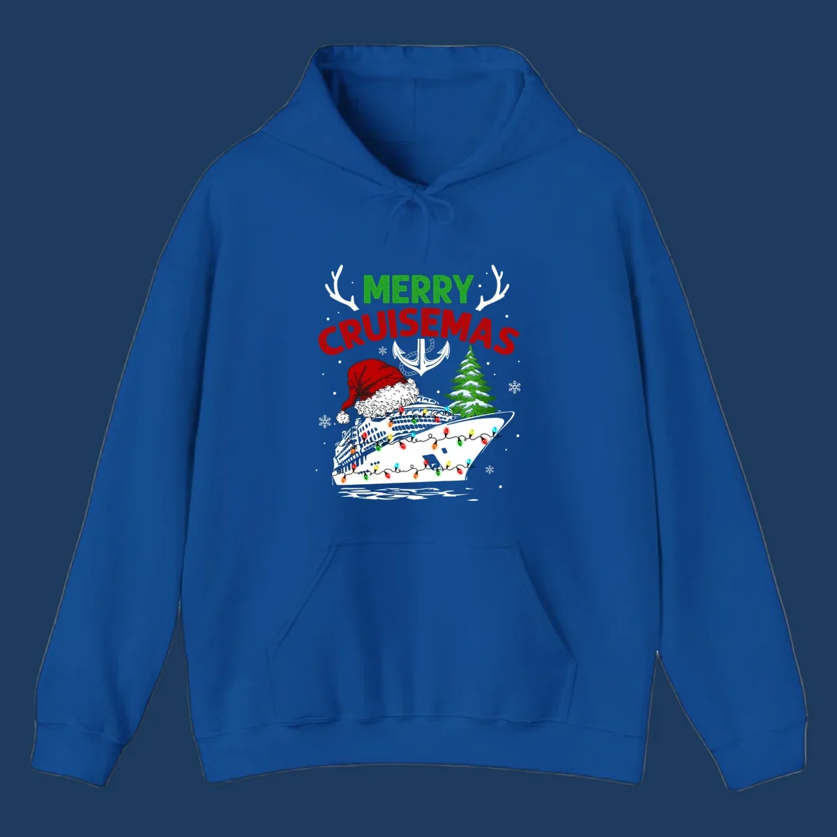 Merry Cruisemas design featuring a decorated cruise ship with Santa hat, Christmas lights, evergreen tree, and nautical elements on gray background