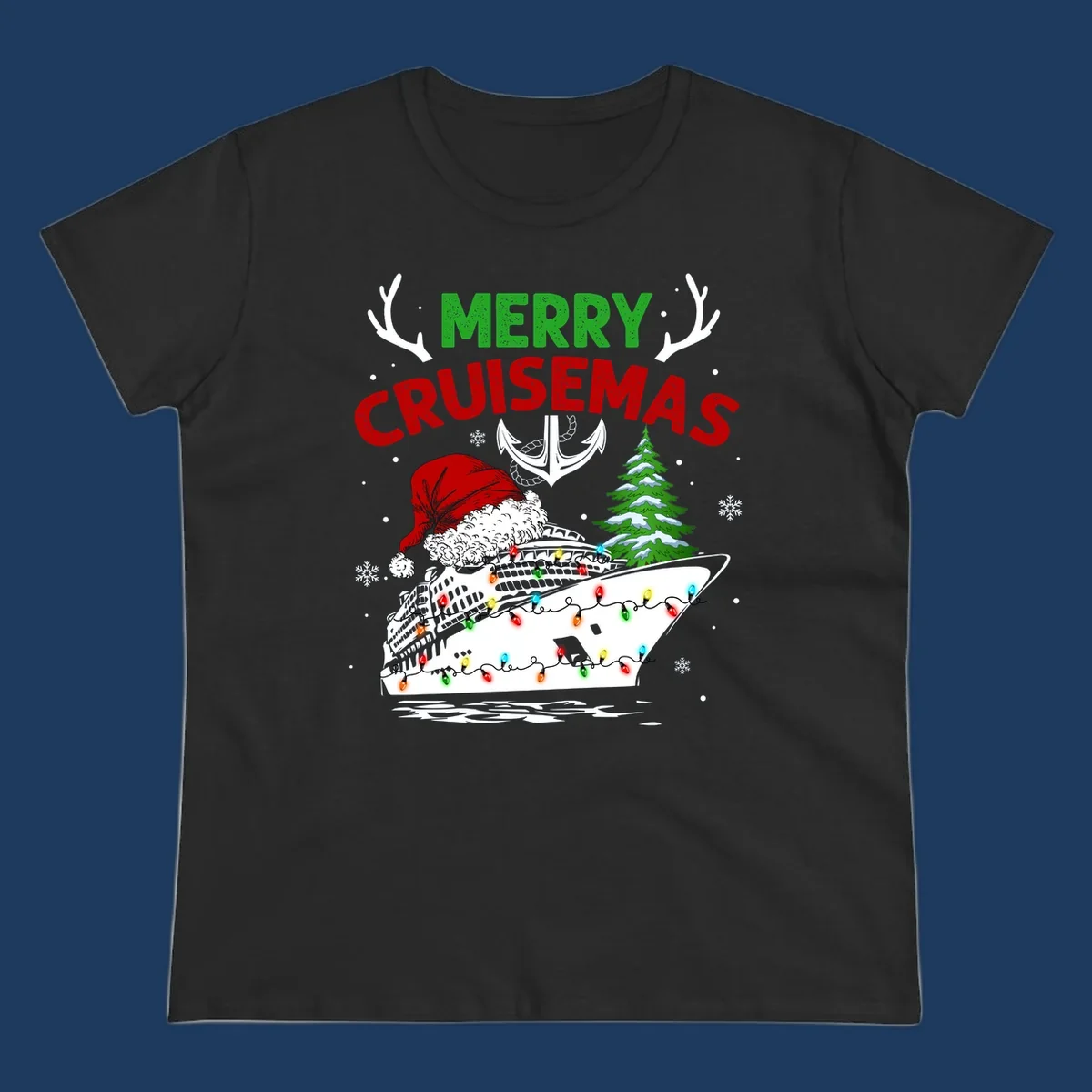 Merry Cruisemas design featuring a decorated cruise ship with Santa hat, Christmas lights, evergreen tree, and nautical elements on gray background