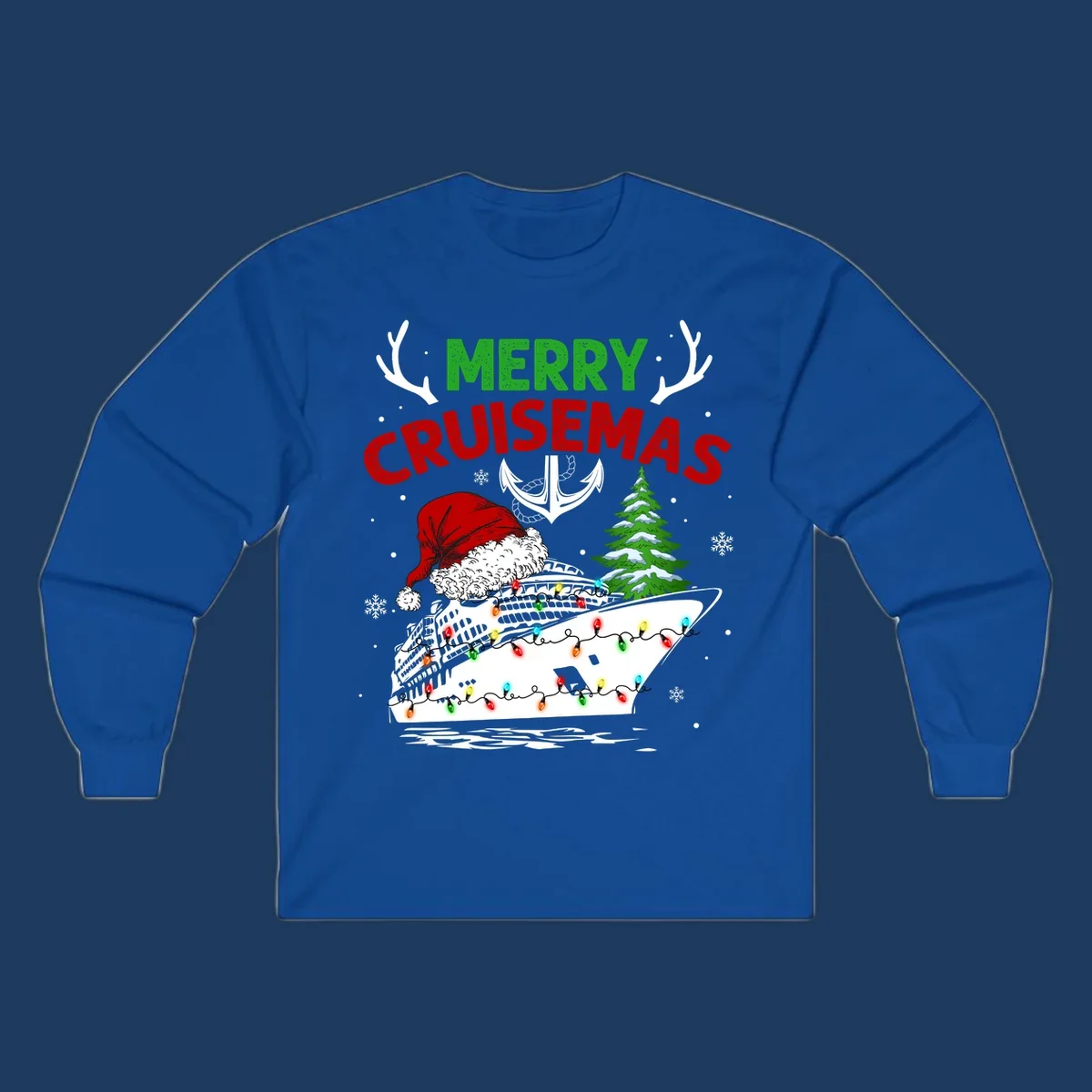 Merry Cruisemas design featuring a decorated cruise ship with Santa hat, Christmas lights, evergreen tree, and nautical elements on gray background