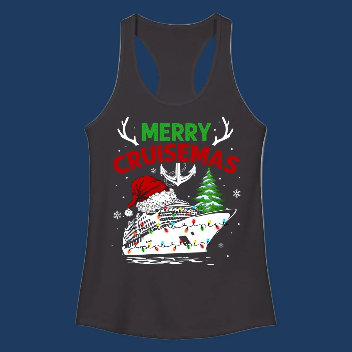 Merry Cruisemas design featuring a decorated cruise ship with Santa hat, Christmas lights, evergreen tree, and nautical elements on gray background