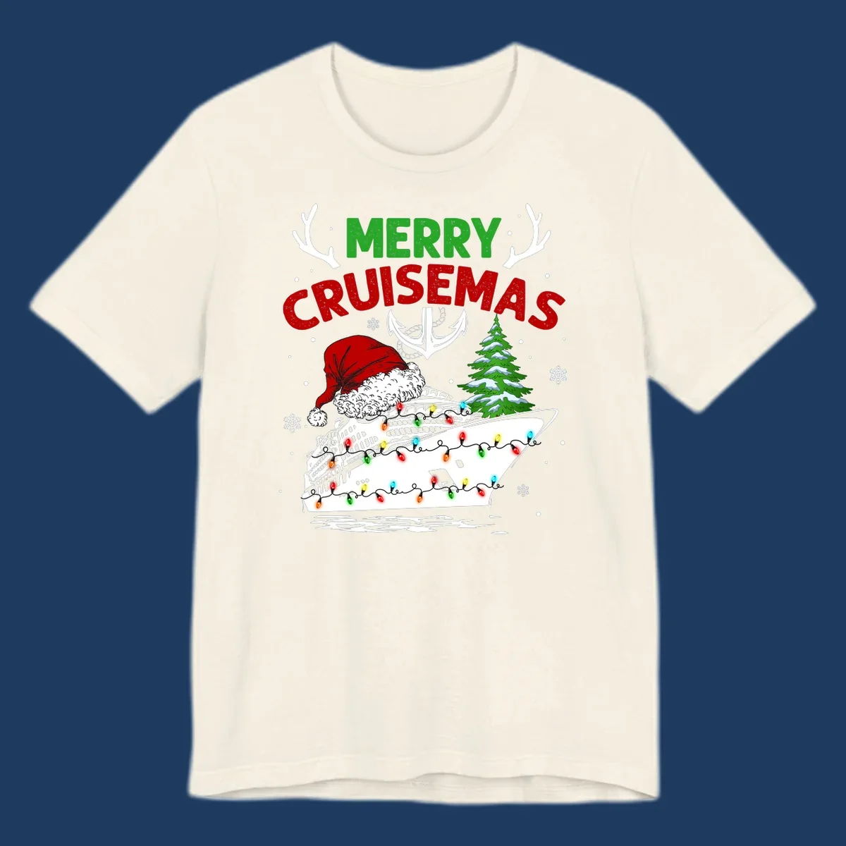 Merry Cruisemas design featuring a decorated cruise ship with Santa hat, Christmas lights, evergreen tree, and nautical elements on gray background