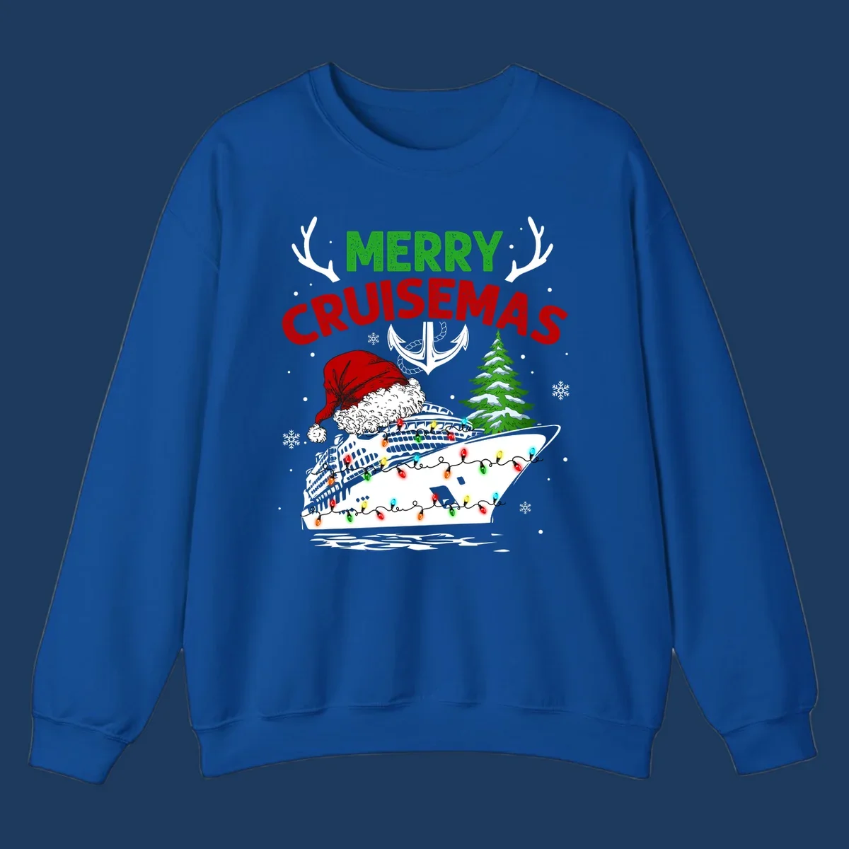 Merry Cruisemas design featuring a decorated cruise ship with Santa hat, Christmas lights, evergreen tree, and nautical elements on gray background