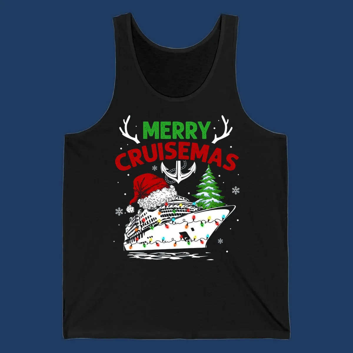 Merry Cruisemas design featuring a decorated cruise ship with Santa hat, Christmas lights, evergreen tree, and nautical elements on gray background
