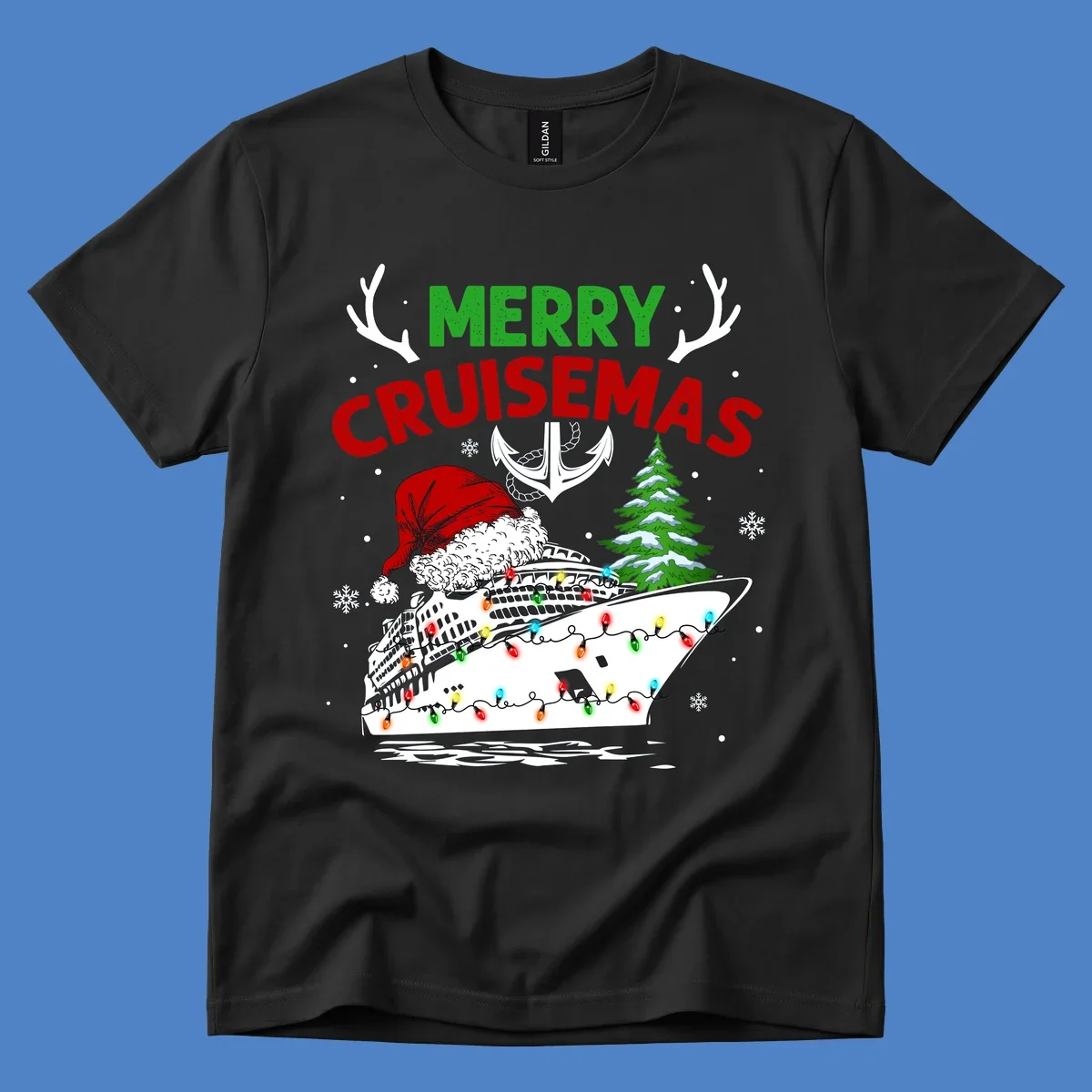 Merry Cruisemas design featuring a decorated cruise ship with Santa hat, Christmas lights, evergreen tree, and nautical elements on gray background
