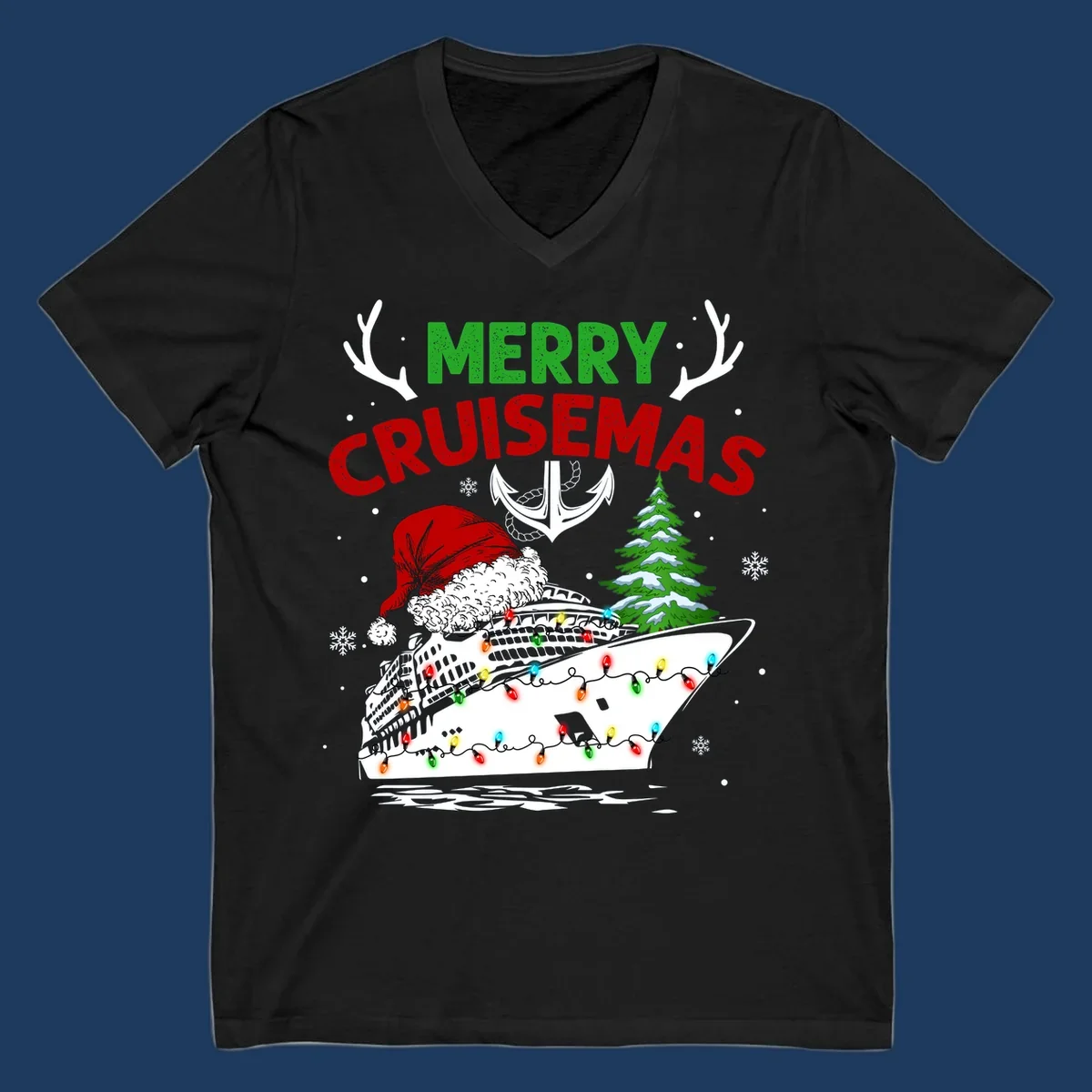Merry Cruisemas design featuring a decorated cruise ship with Santa hat, Christmas lights, evergreen tree, and nautical elements on gray background